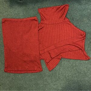 SHEIN Deep Red Ribbed Knit Top and Skirt Set